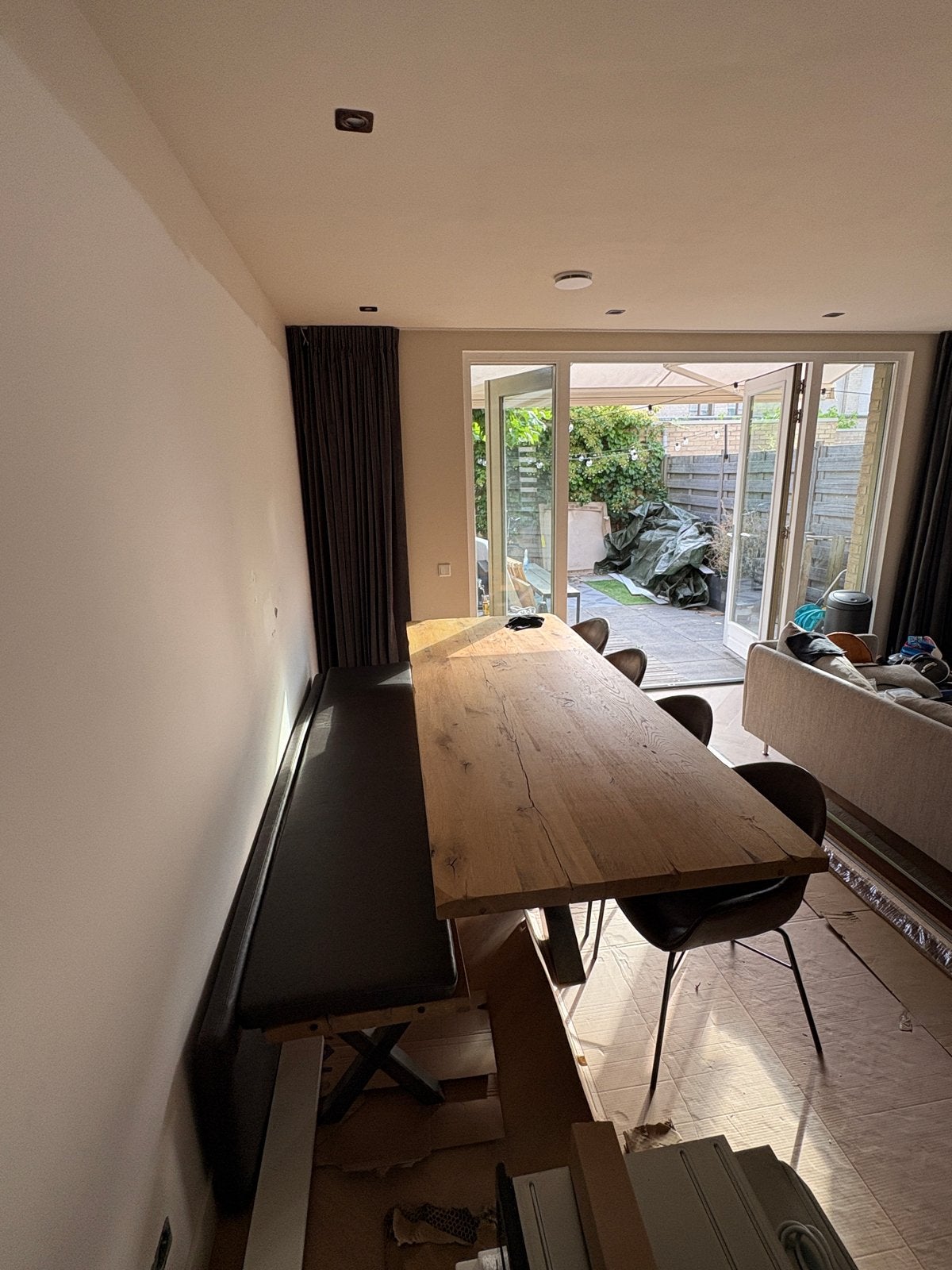 Te koop eiken houten tafel met stalen x poot, Ophalen, Gebruikt, 200 cm of meer, 50 tot 100 cm
