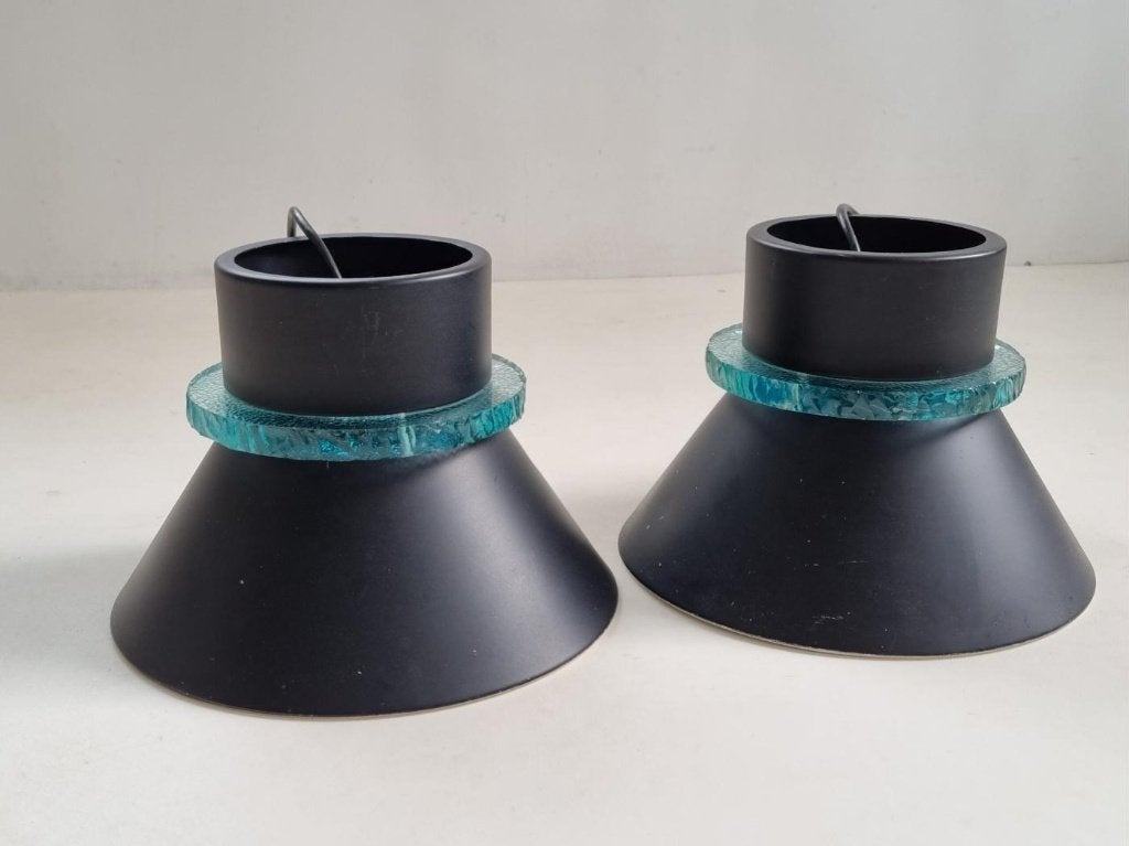 Set 2 Hiemstra Evolux hanglampen zwart turquoise glas, Ophalen, Gebruikt, Glas, E27 (groot)