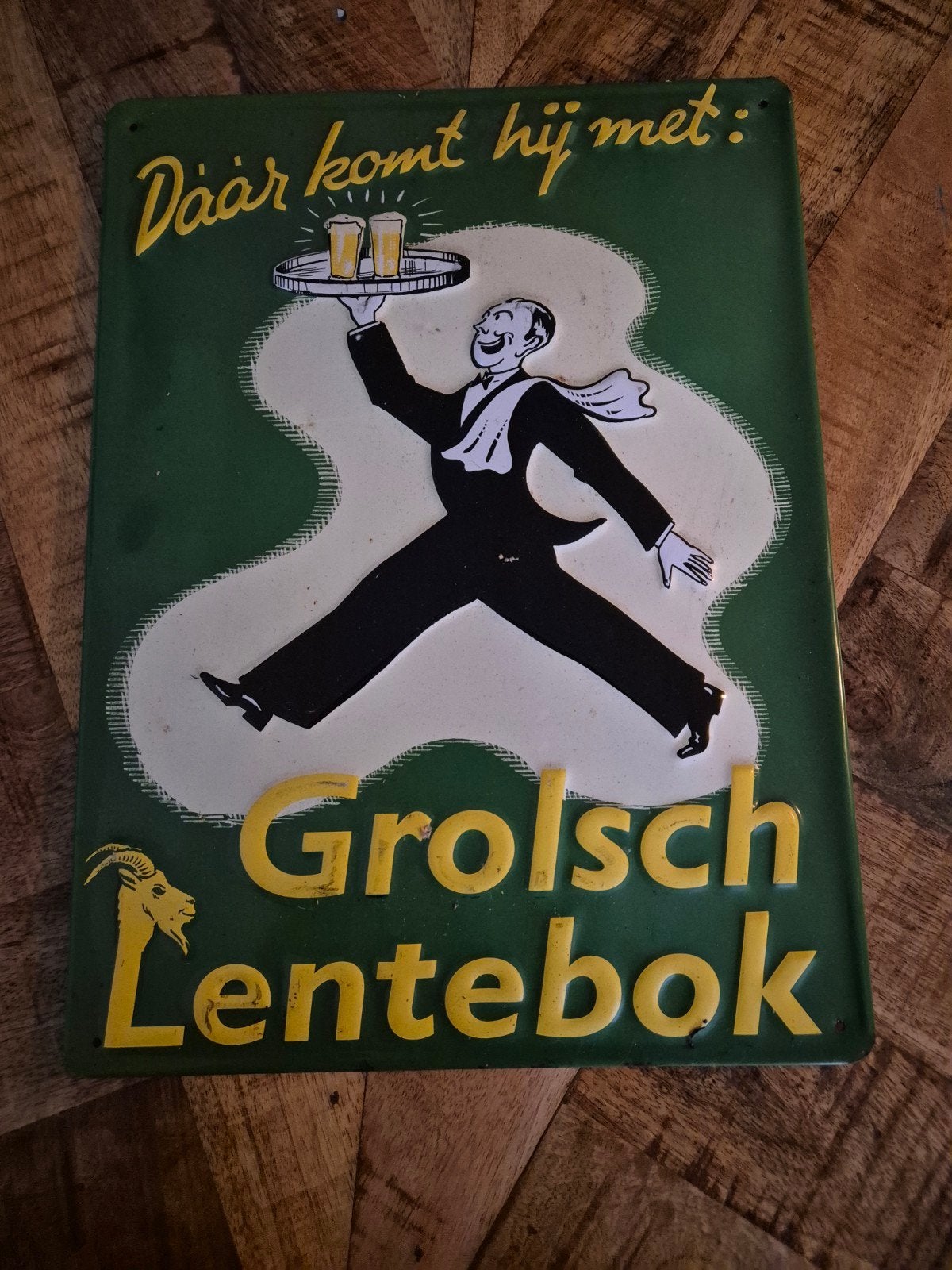 Vintage Grolsch Lentebok Reclamebord - Origineel Emaille, Verzamelen, Ophalen of Verzenden, Gebruikt, Reclamebord