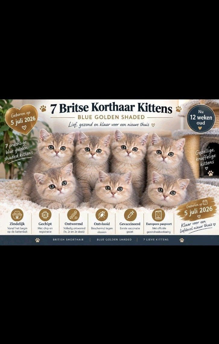 100%Raszuivere, Britse korthaar kittens, Blue Golden Shaded., Dieren en Toebehoren, Meerdere dieren, Met stamboom