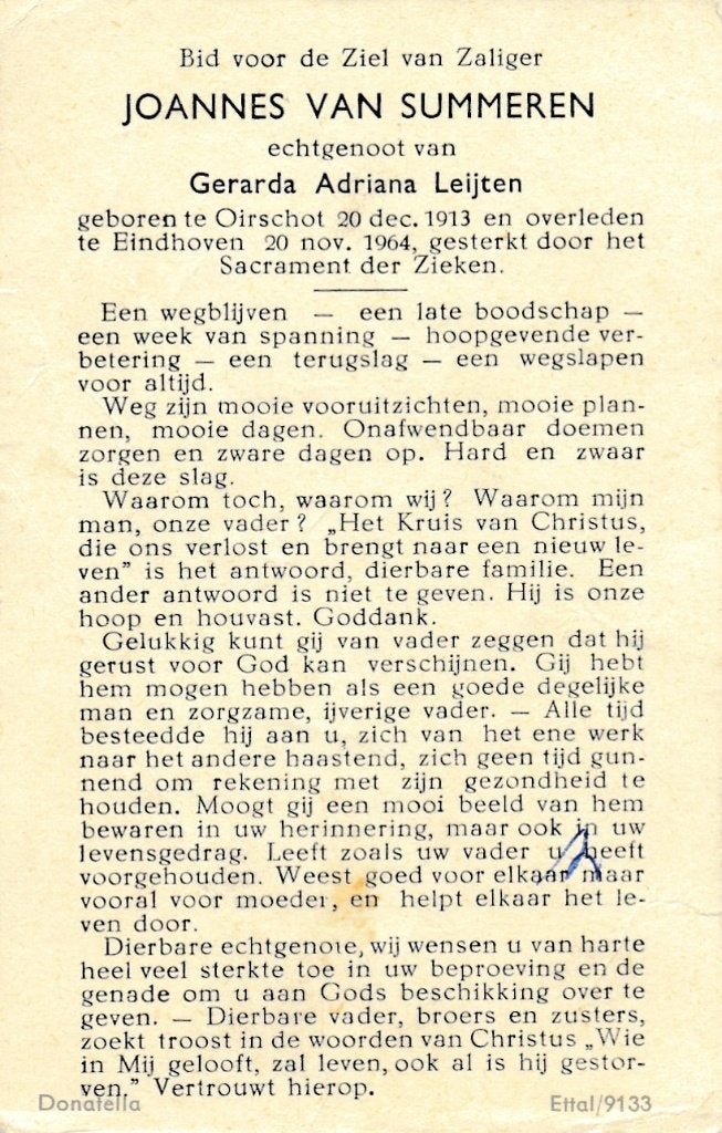 Summeren Joannes 1913 Oirschot 1964 Eindhoven, Ophalen of Verzenden, Bidprentje