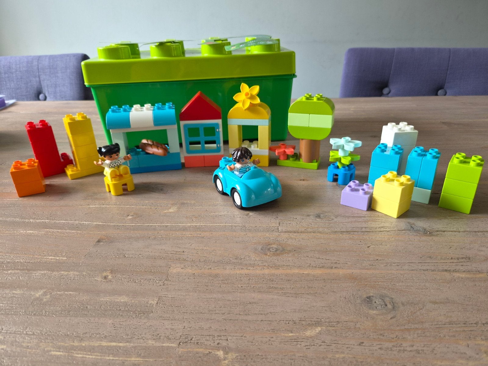 Duplo set in opbergbox met diverse blokken en figuren, Gebruikt, Ophalen of Verzenden, Duplo, Inclusief minifiguren