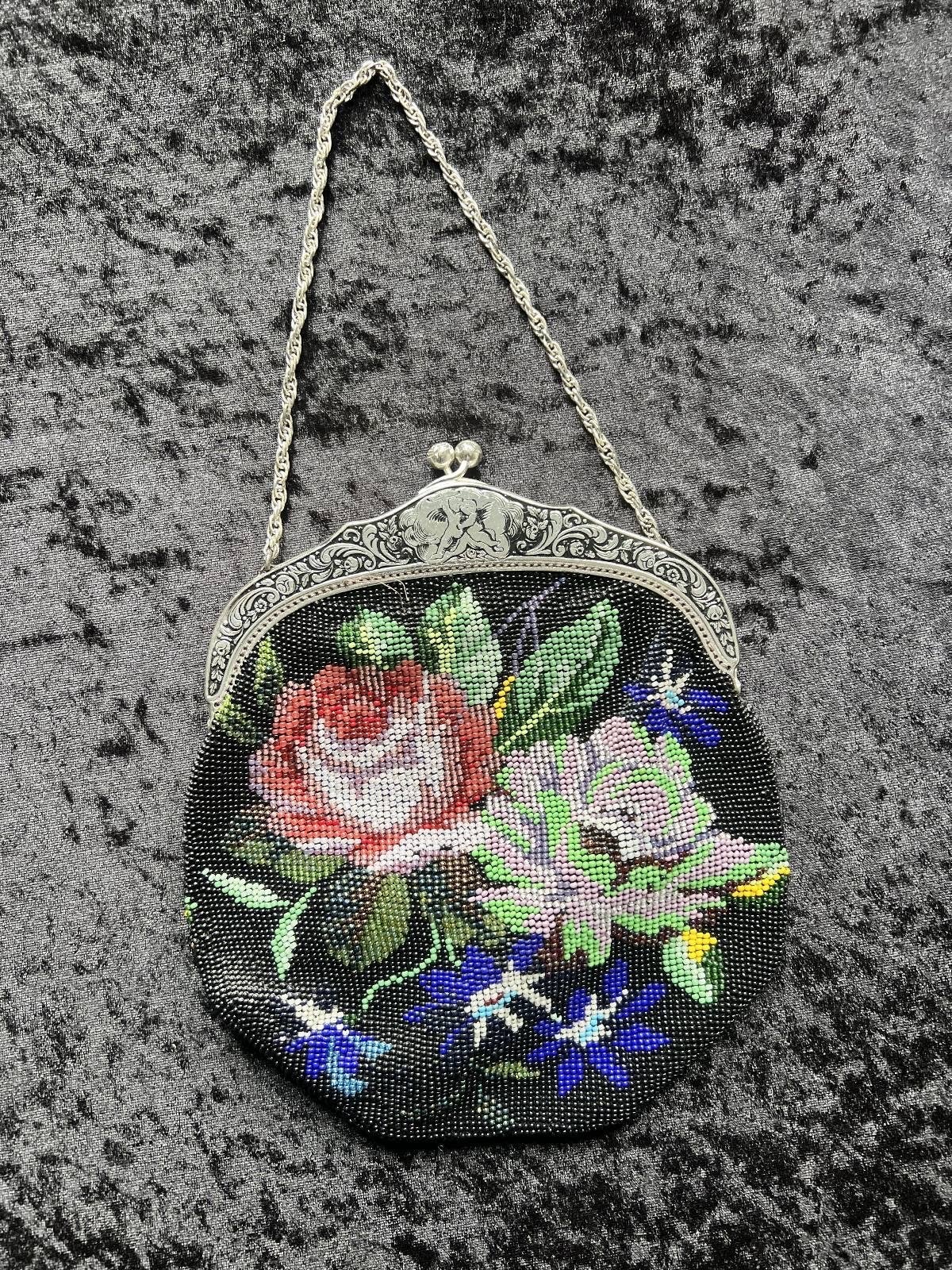 Vintage Kralen Handtas met Bloemenpatroon en Zilveren Frame, Antiek en Kunst, Ophalen of Verzenden