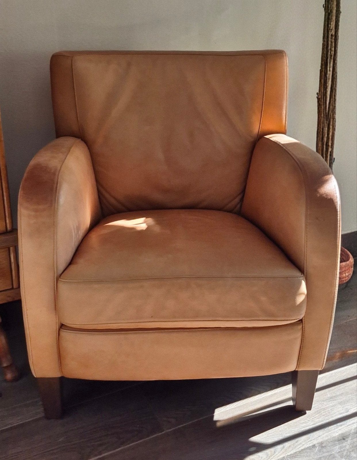 Leren fauteuil - Cognac kleurig, Ophalen, Gebruikt, 75 tot 100 cm, Modern