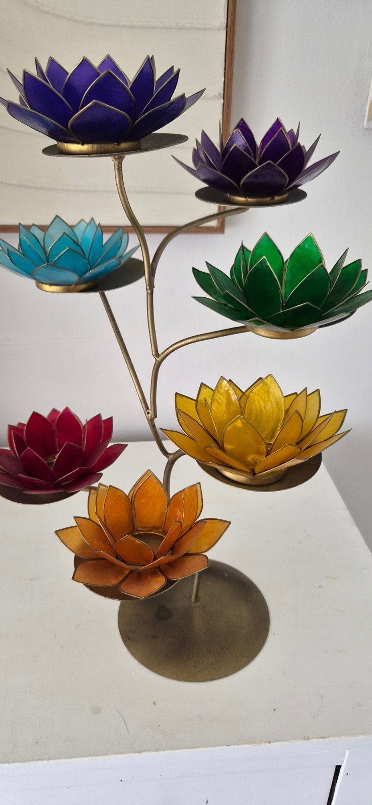 Kleurrijke Lotus Waxinelichthouder - Oosterse Sfeer, Ophalen of Verzenden, Oranje, Metaal, Waxinelichthouder