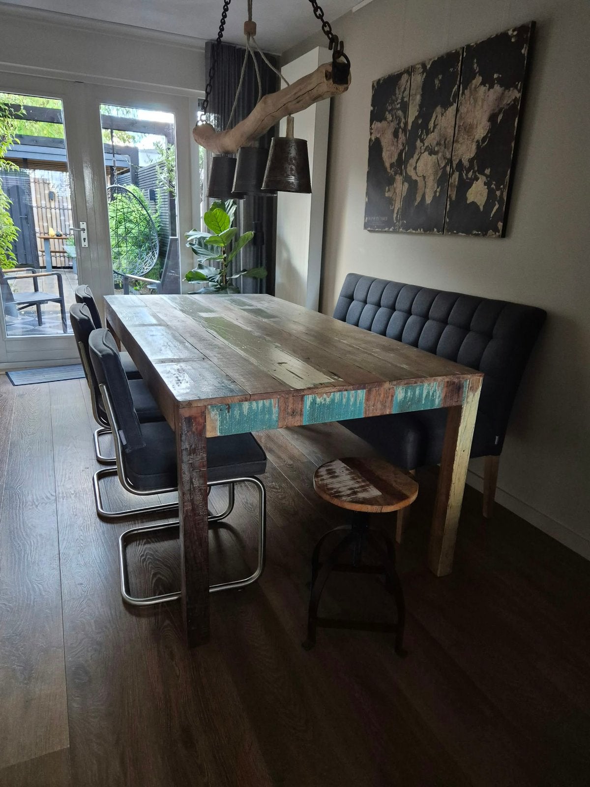 Industriële eettafel van sloophout, Huis en Inrichting, Ophalen, Gebruikt, 200 cm of meer, Vijf personen of meer