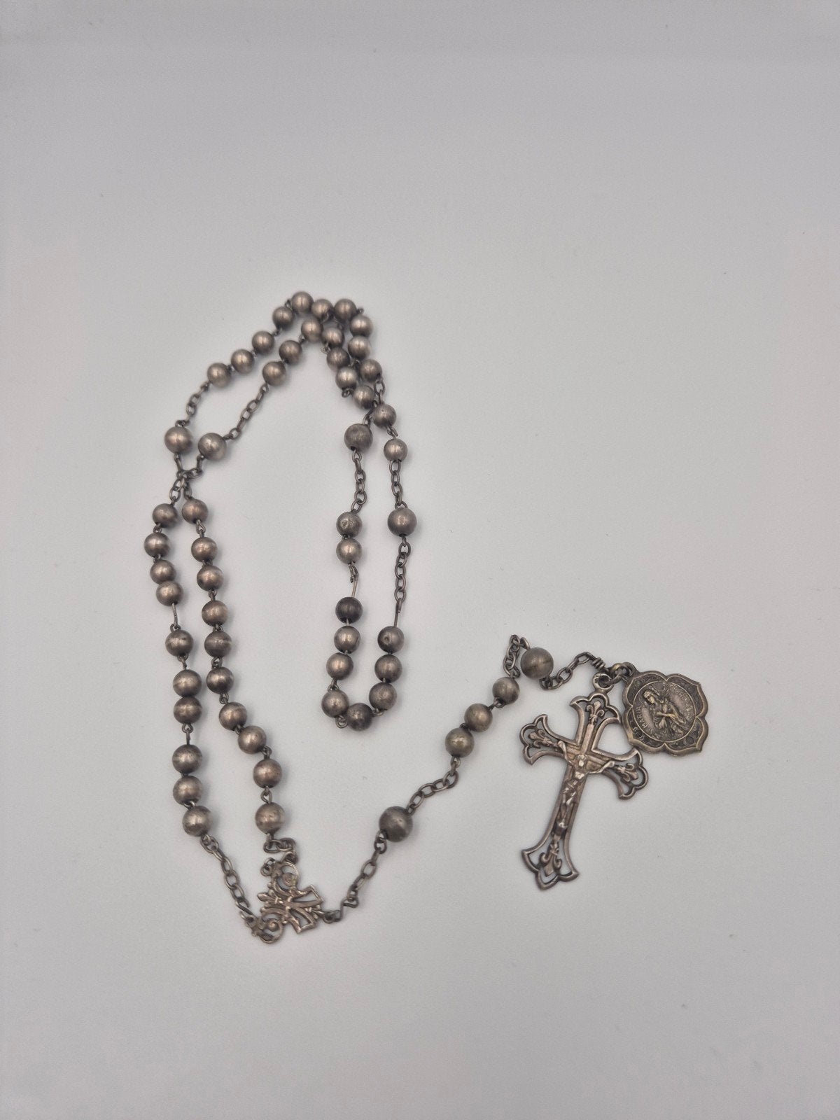 Oude Vintage Zilveren Rozenkrans met Kruis en Medaillon, Antiek en Kunst, Antiek | Religie, Ophalen of Verzenden