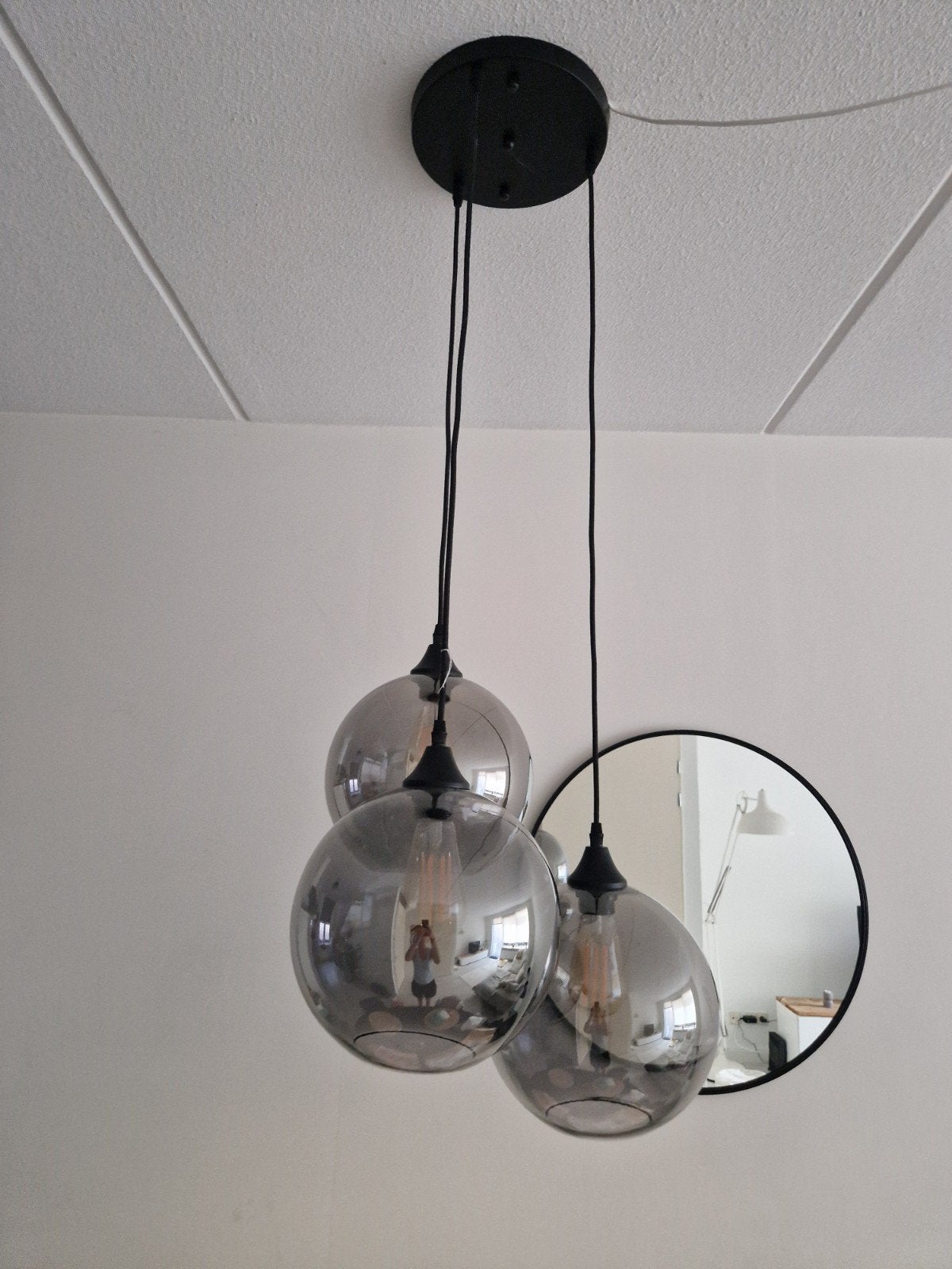 Moderne hanglamp met 3 glazen bollen, rookgrijs, Ophalen, Modern, Industrieel, E27 (groot), Zo goed als nieuw