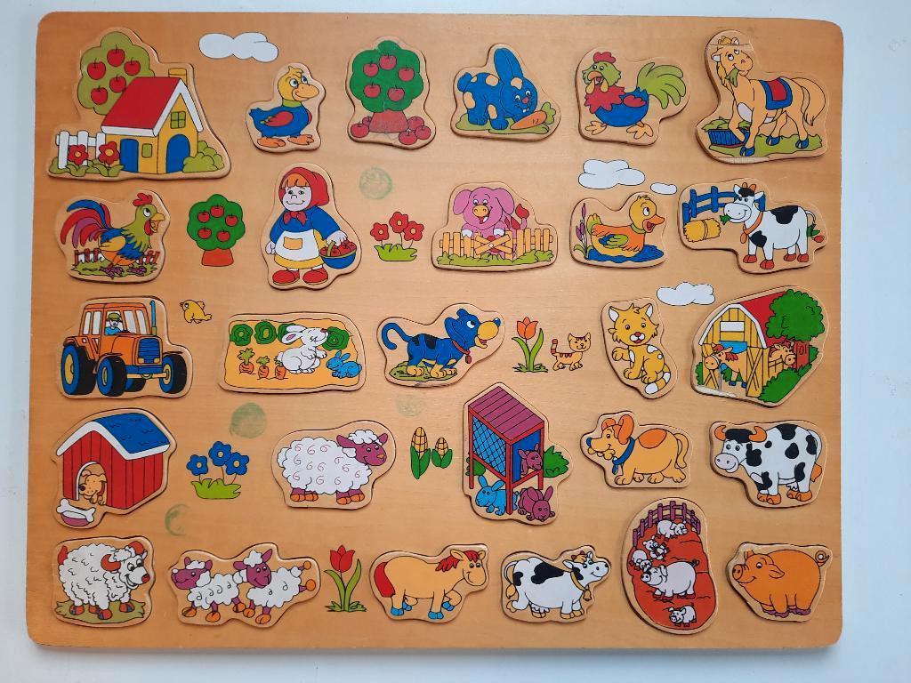 Houten puzzels - thema (boerderij) dieren (9 stuks), Gebruikt, Ophalen of Verzenden, Van hout, Minder dan 10 stukjes