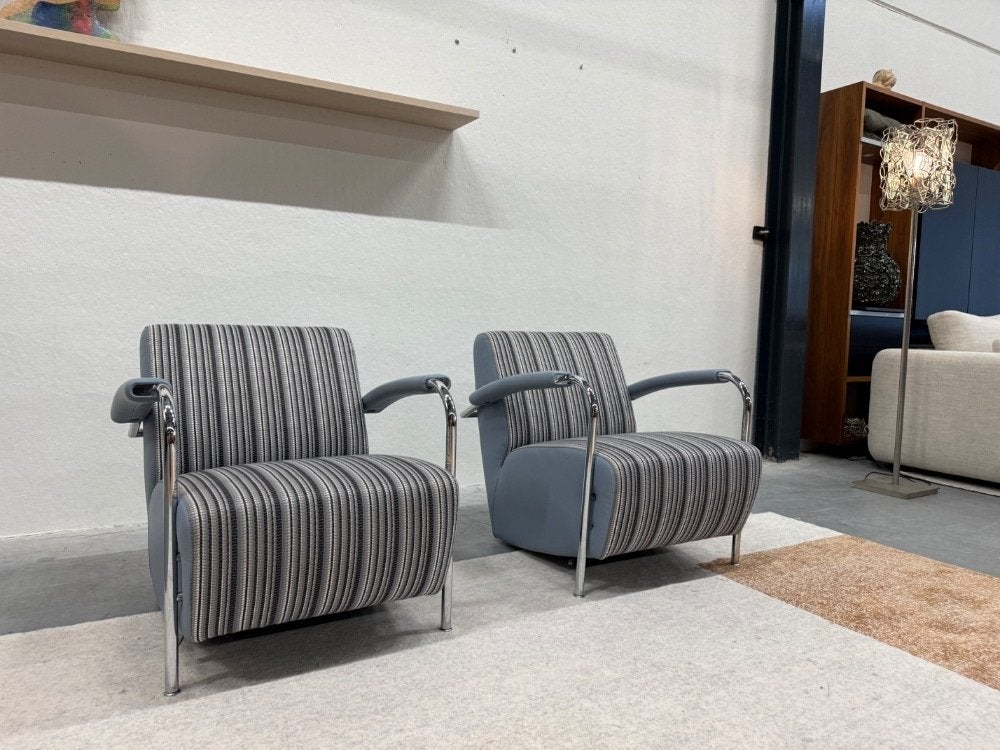 2 Als nieuw Leolux Scylla fauteuil blauw leer stof stoel, Leolux, Info@leolux.nl, 75 tot 100 cm, Ophalen of Verzenden