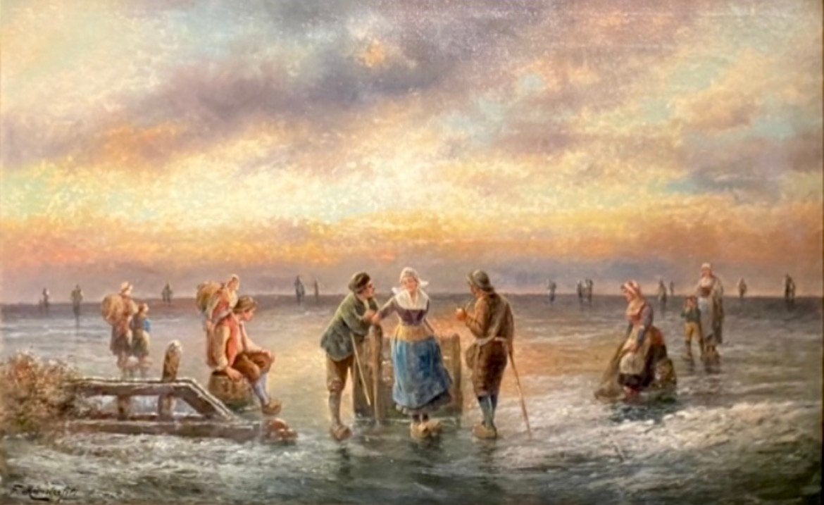 “Gezelligheid op het ijs, bij zonsondergang” F. Munsterfeld., Antiek en Kunst, Doek, Portret of Personen, Ophalen of Verzenden
