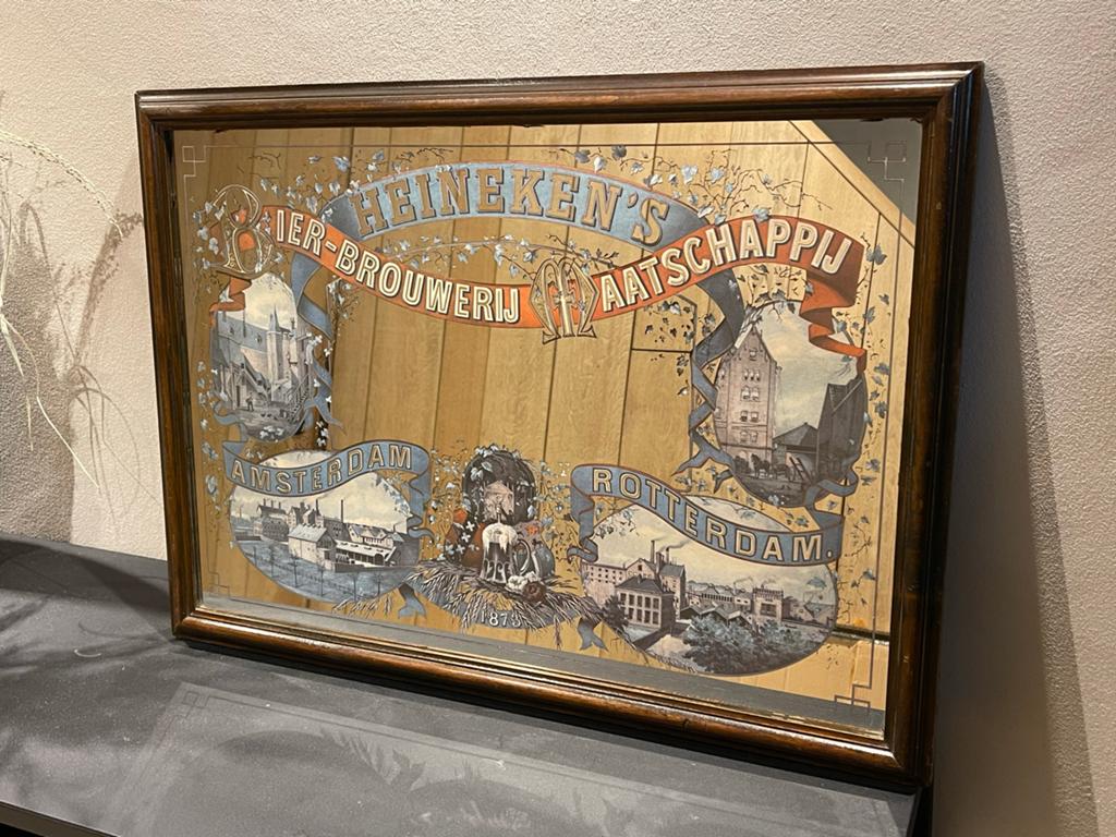 Vintage Heineken's Bierbrouwerij Spiegel (Amsterdam/Rotterda, Verzamelen, Ophalen, Gebruikt, Reclamebord, Plaat of Schild, Heineken