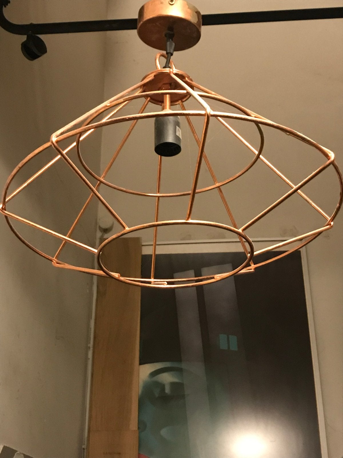 Koperkleurige draadlampenkap - Industrieel design, Ophalen of Verzenden, Gebruikt, Metaal, E27 (groot)