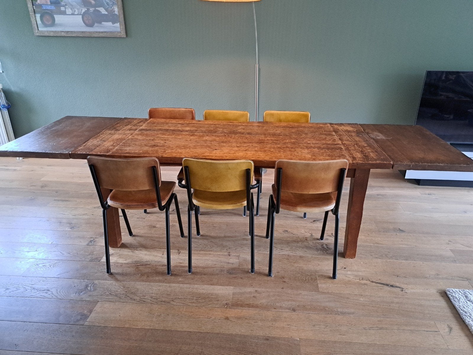 Robuuste eikenhouten eettafel +stoelen - Perfect voor grote, Ophalen, Gebruikt, 200 cm of meer, 50 tot 100 cm