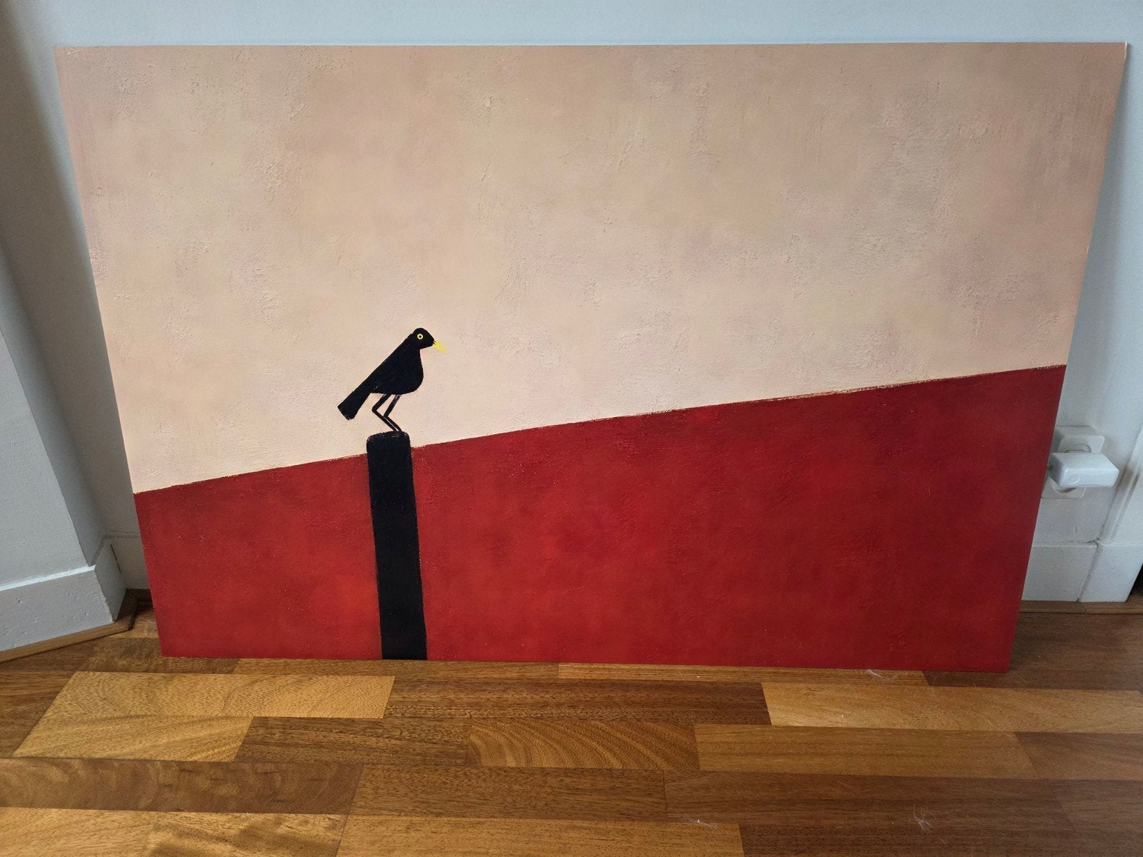 Modern schilderij: Zwarte vogel op paal, Antiek en Kunst, Ophangklaar, Ophalen of Verzenden, Dieren, Print