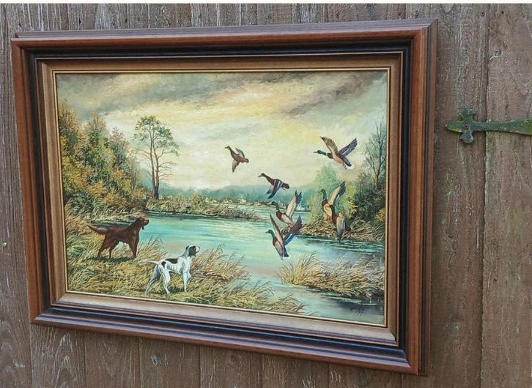 Jachttafereel Olieverf Schilderij - Honden en Eenden, Ophalen of Verzenden