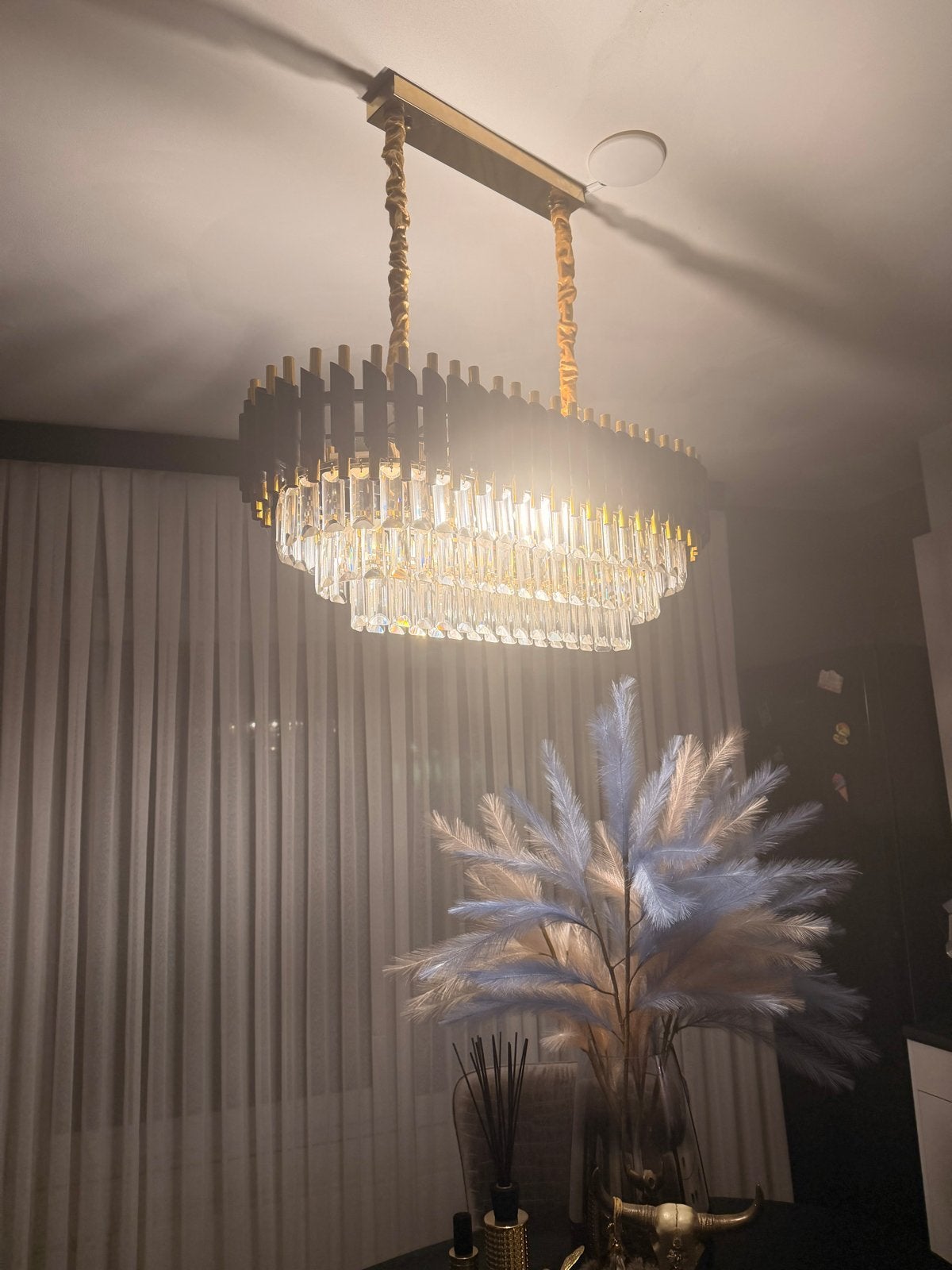 Luxe Kroonluchter met Kristallen en Goudkleurige Details, Ophalen, Zo goed als nieuw, Glas, E14 (klein)