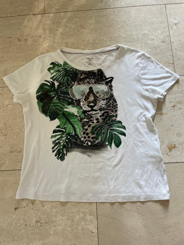 Marccain: shirt met print licht gehavend. Maat N2 (36-38), Kleding | Dames, Maat 38/40 (M), Verzenden, Wit, Zo goed als nieuw