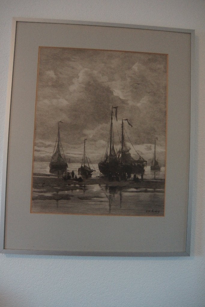 Bomschuiten op het strand van H.W. Mesdag, Ophalen, Oud hollands, Ingelijst, Maritiem / water