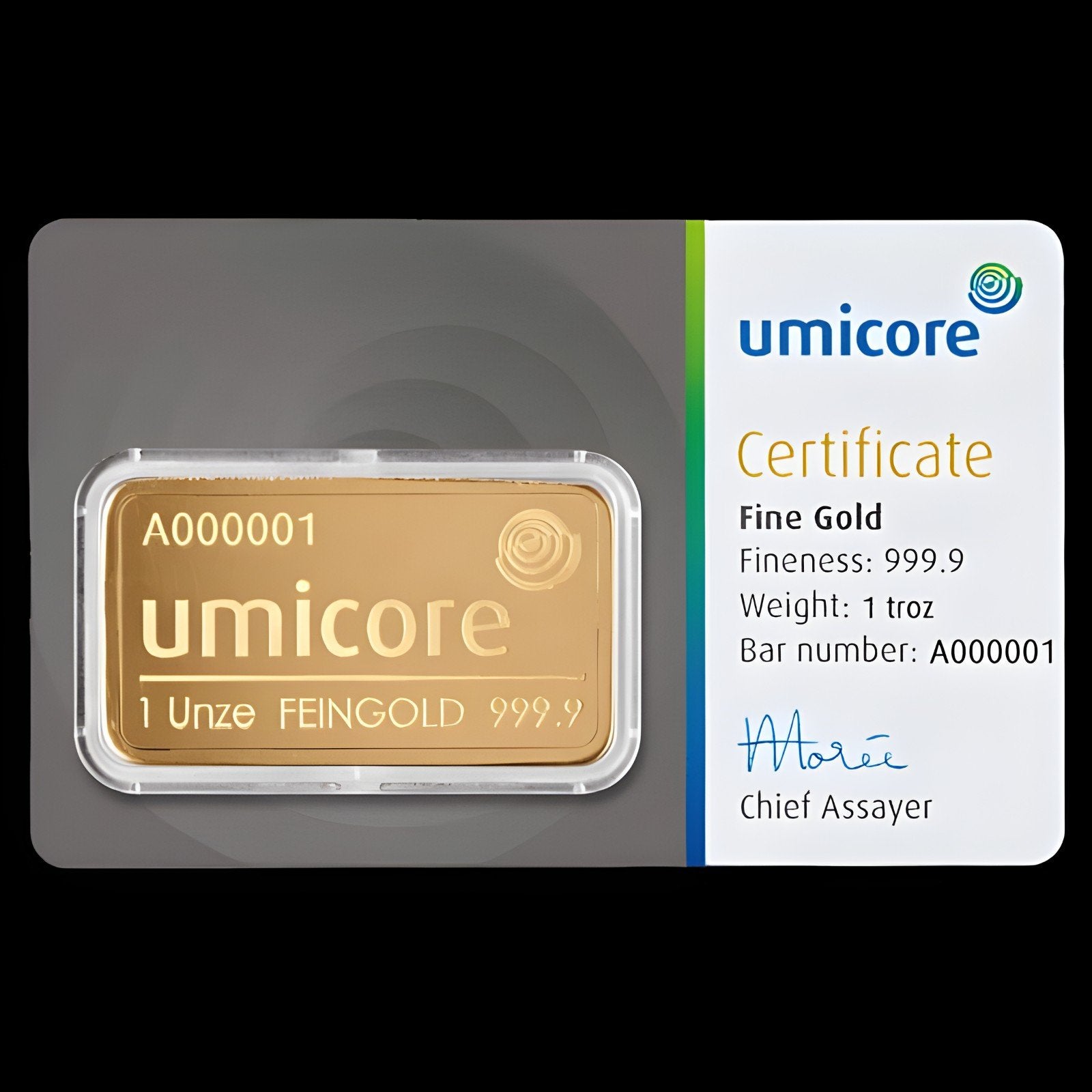 Umicore 1 ounce Fijngoud 999.9 Goudbaar