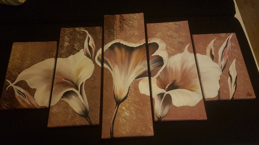 Schilderij bloemen 5 luik, Antiek en Kunst, Ophalen of Verzenden, Handgeschilderd, Bloemen