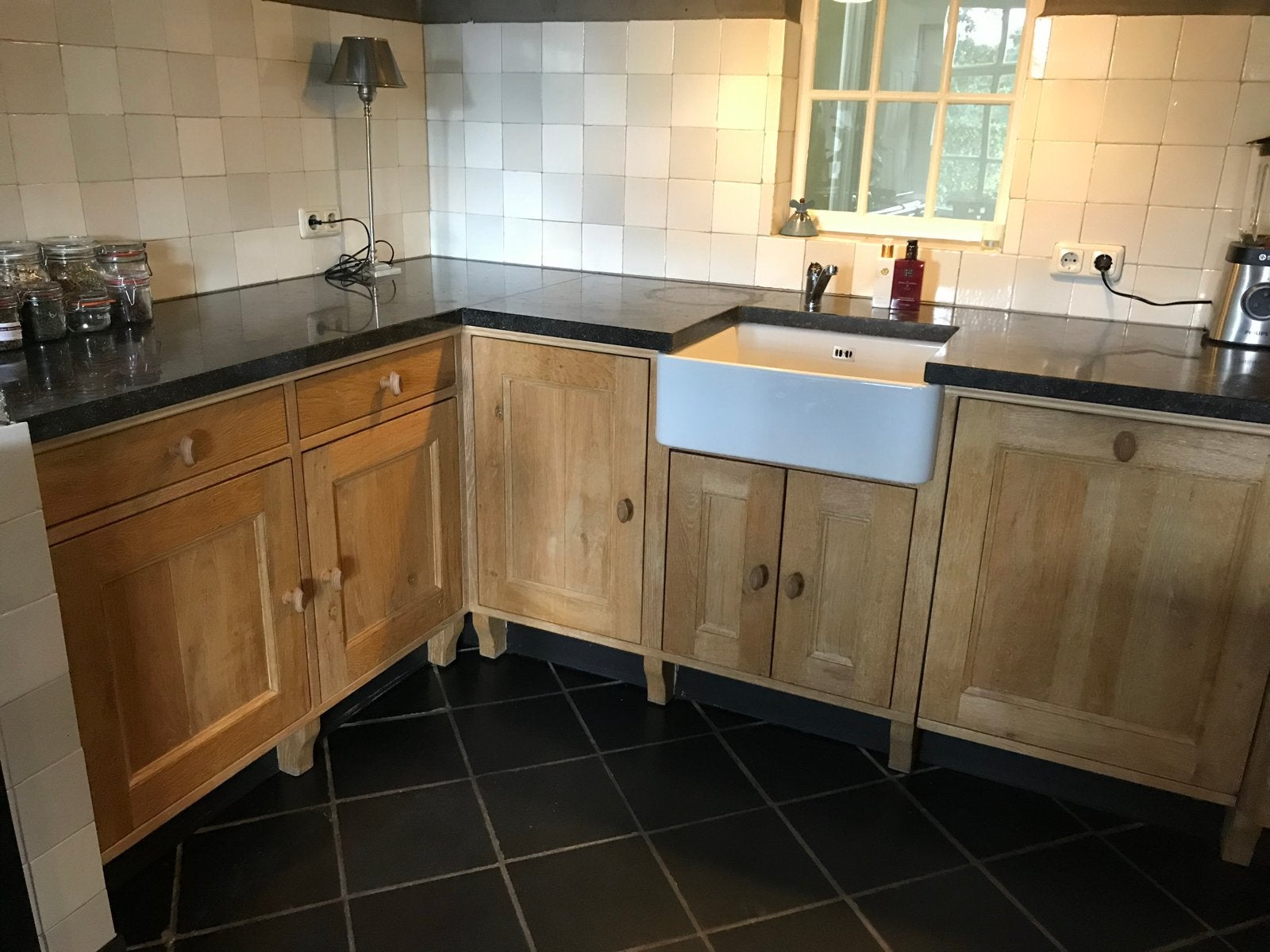 Handgemaakte eikenhouten keuken met Belgisch hardsteen blad, Ophalen, Gebruikt, Overige kleuren, Hoekkeuken