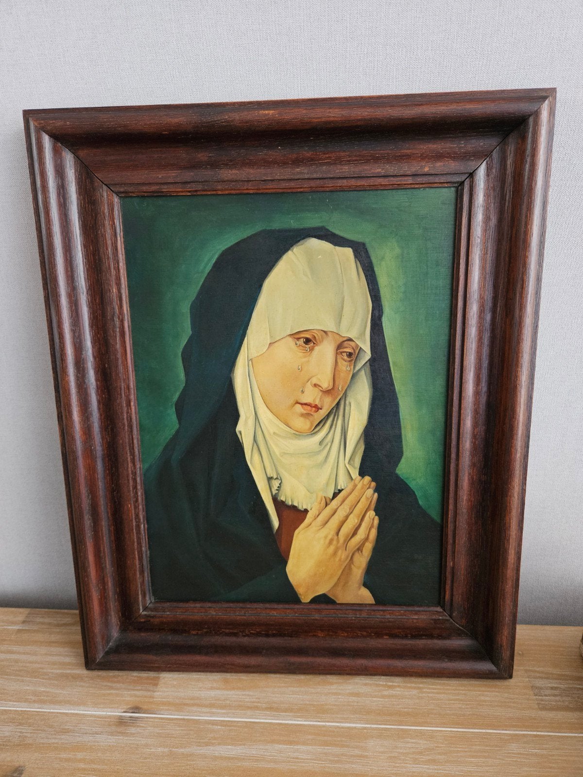 Oud schilderij van een huilende non in houten lijst, Ophalen