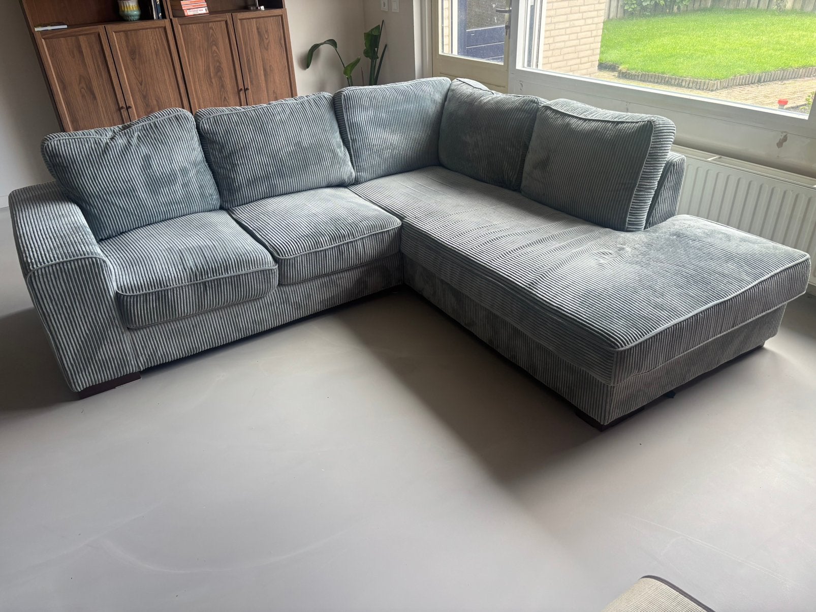 Heerlijk zachte nette ribstof hoekbank + longchair Aquakleur, Ophalen, Gebruikt, Stof