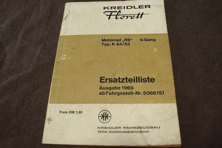 Kreidler RS 5 gang typ K54/53 1969 ersatzteil liste, Ophalen of Verzenden, Gebruikt