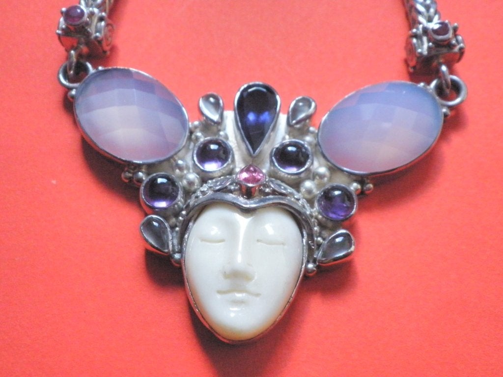Prachtig Zwaar Zilveren Collier met Chalcedoon-Amethist-Robi, Verzenden, Zilver, Ketting, Met edelsteen