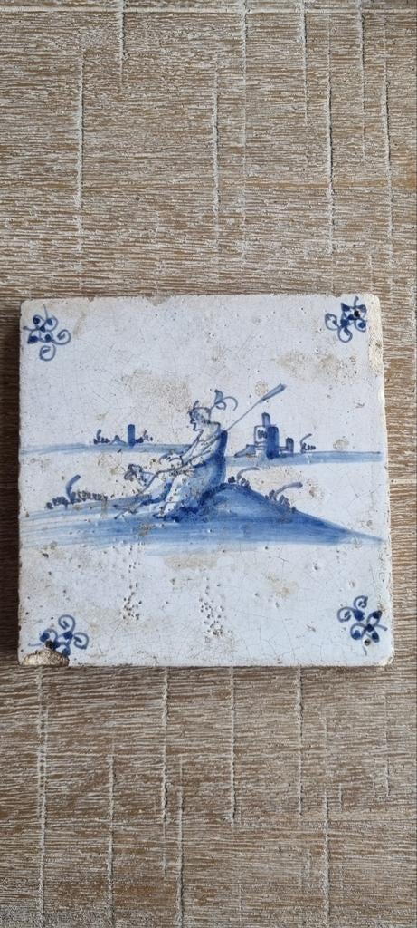 Antiek Delfts blauwe tegel, 17e eeuw, visser met hond, Antiek en Kunst, Ophalen of Verzenden