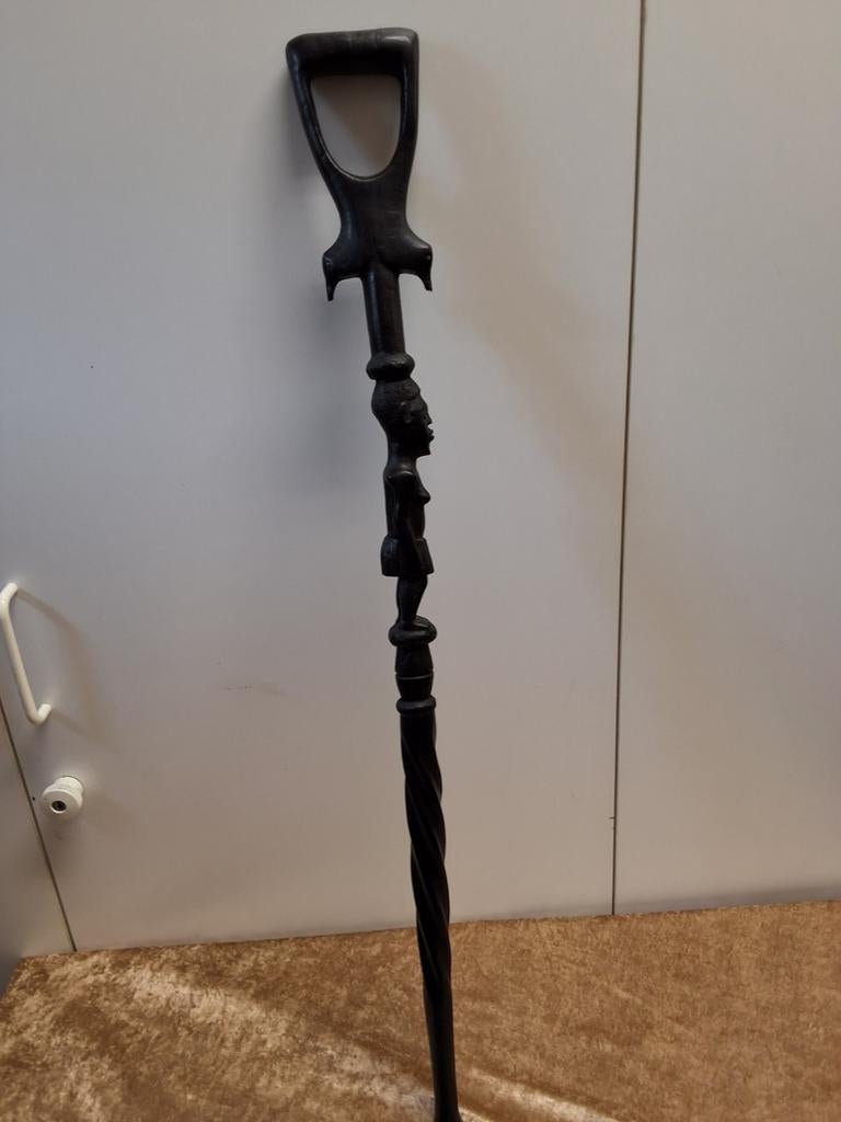 Vintage Afrikaanse Wandelstok met Handgesneden Figuur, Ophalen of Verzenden