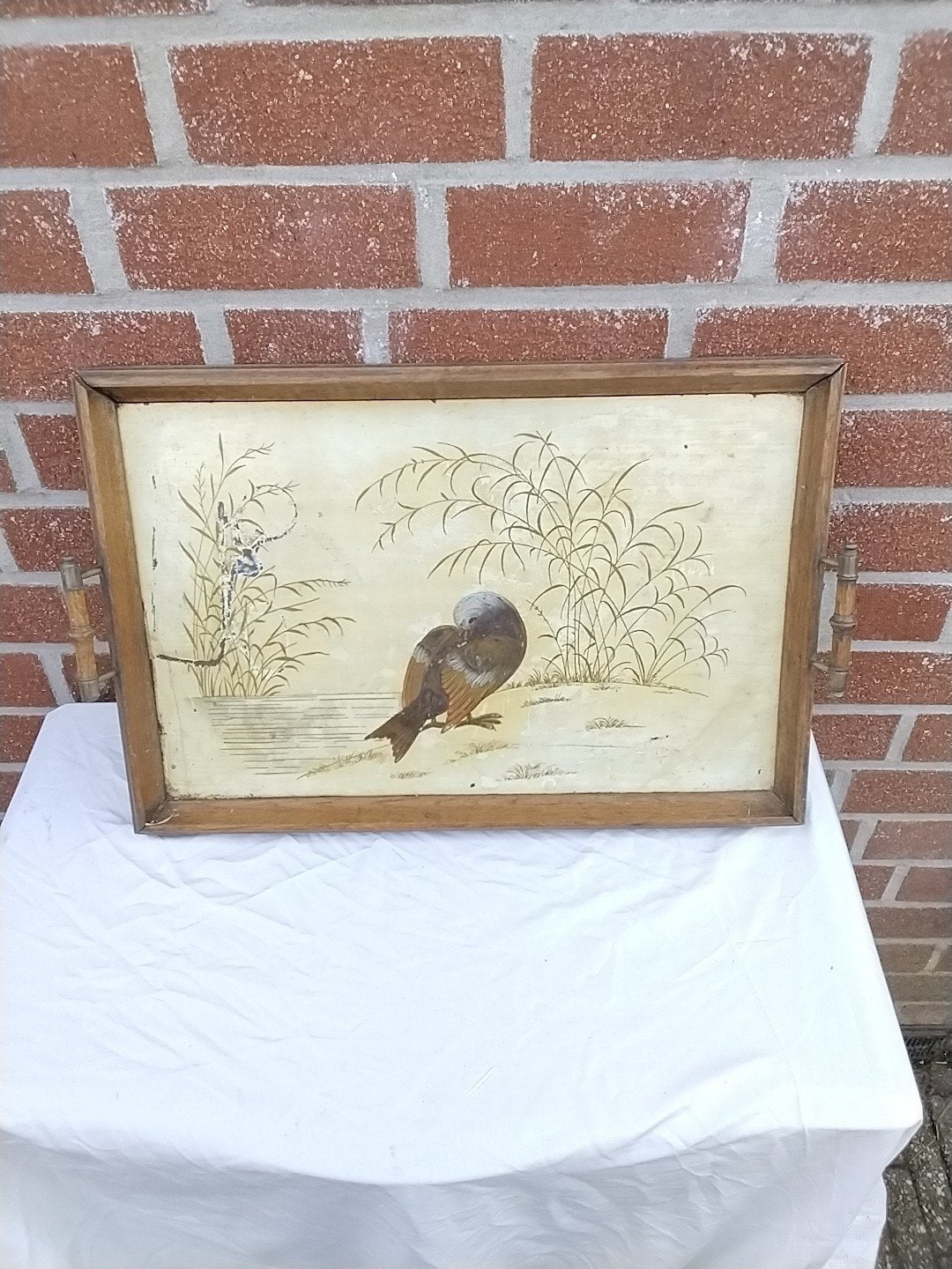 Vintage Dienblad met Oosterse Vogel en Bamboe Decoratie, Ophalen of Verzenden