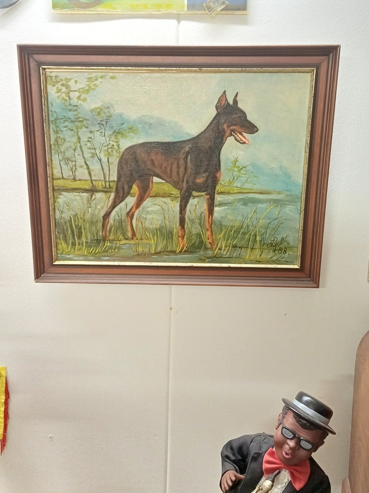 Vintage olieverfschilderij Dobermann - gesigneerd '88, Ophalen of Verzenden