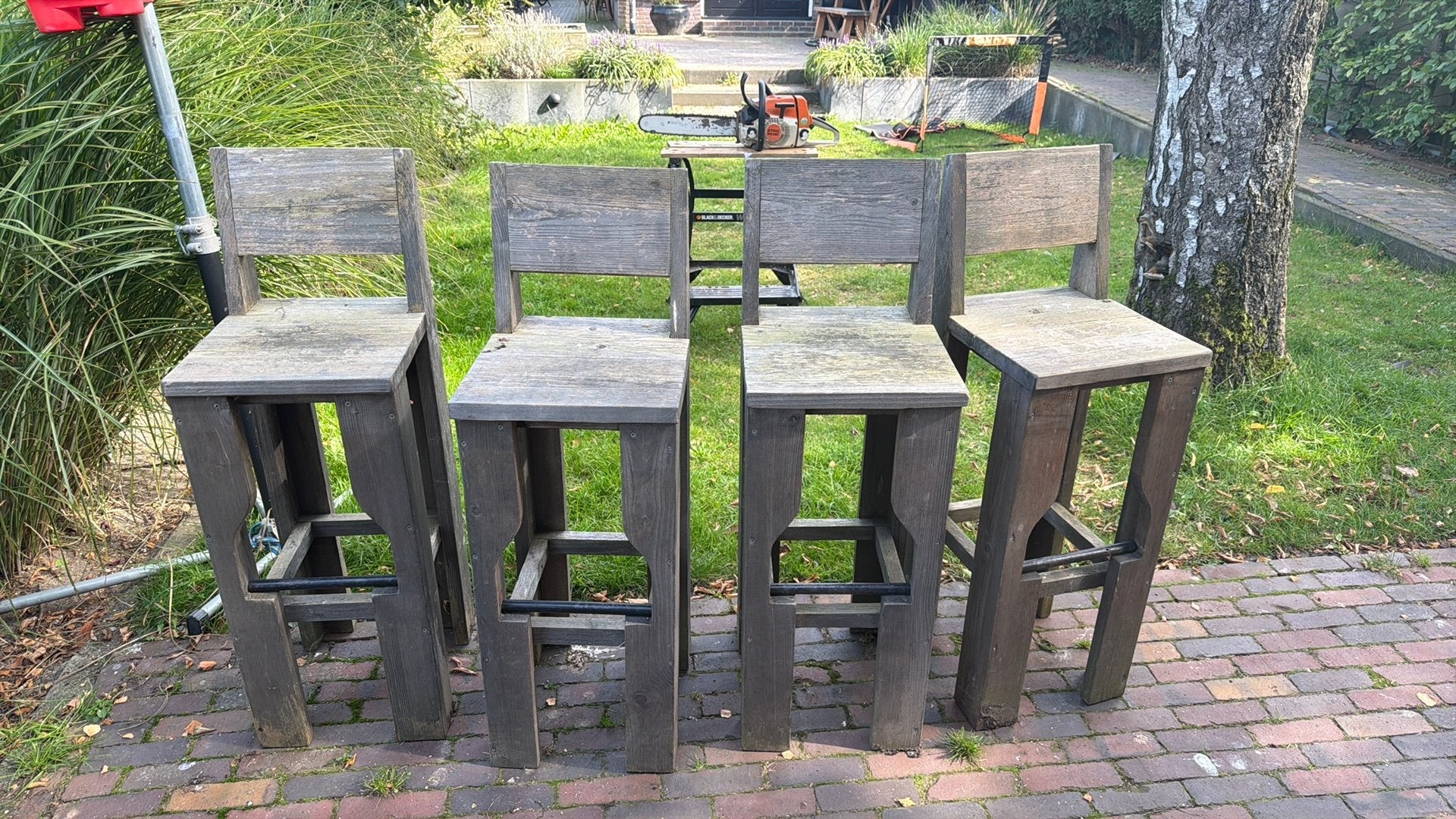 4 barkrukken vurenhout, Ophalen, Gebruikt, Met voetsteun, 60 tot 90 cm