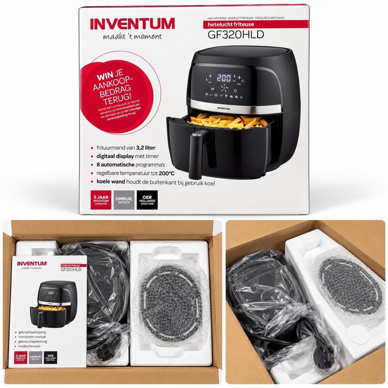Inventum nieuwe Heteluchtfriteuse - 3,2L - Digitaal, 2 tot 3 liter, Ophalen of Verzenden, Nieuw, Uitneembare binnenpan