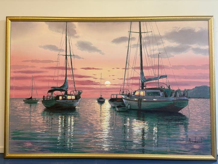 Handgemaakt Schilderij: Zonsondergang met Boten (159x109cm), Textiel, Landschap, Ophalen, Gesigneerd