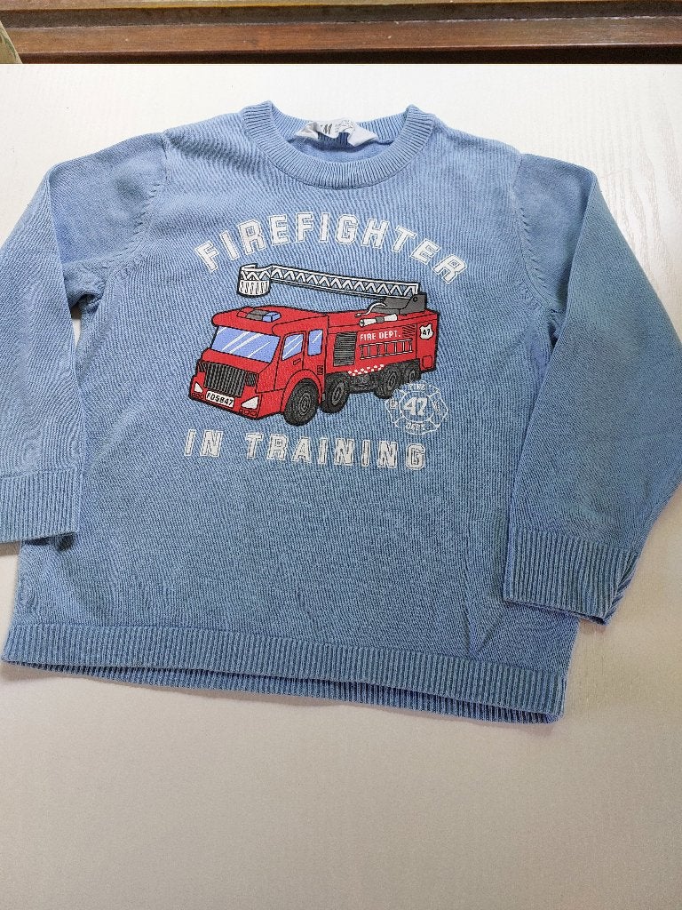 lichtblauwe trui katoen mt. 98-104, brandweerauto voorzijde, Kinderen en Baby's, Kinderkleding | Maat 98, Gebruikt, Trui of Vest