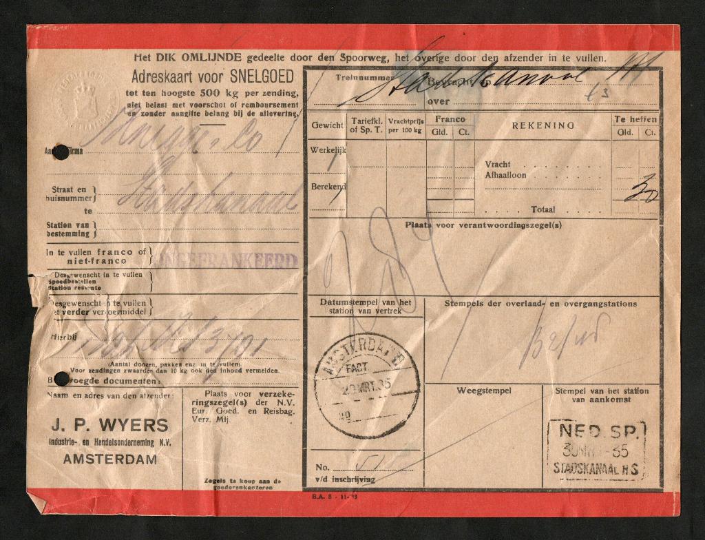 Stadskanaal Vrachtbrief Knigge Ned. Spoorwegen 1935., Ophalen of Verzenden, Gebruikt