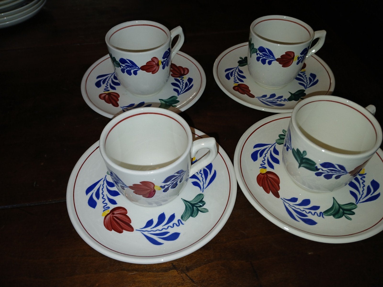 Set van 4 Boerenbont Boch koffiekopjes met schotels, Ophalen of Verzenden