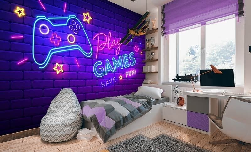 Fotobehang / Behang - Gamekamer - Neon Game - Play Games, Fotobehangkoning.nl, Overige patronen, Hoogeveen, Info@fotobehangkoning.nl