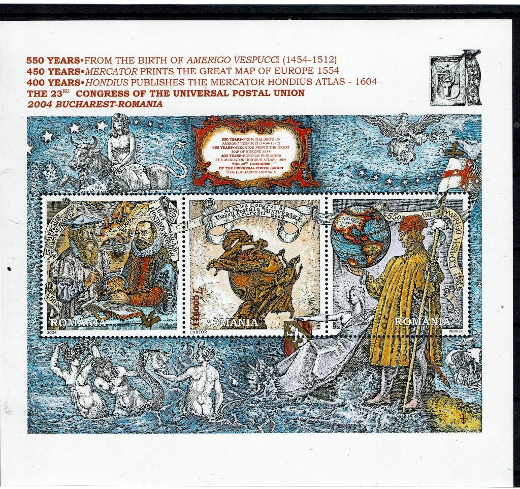 roemenie 2004 pf blok vespucci ontdekkingsreizigers historie, Ophalen of Verzenden, Overige landen, Postfris