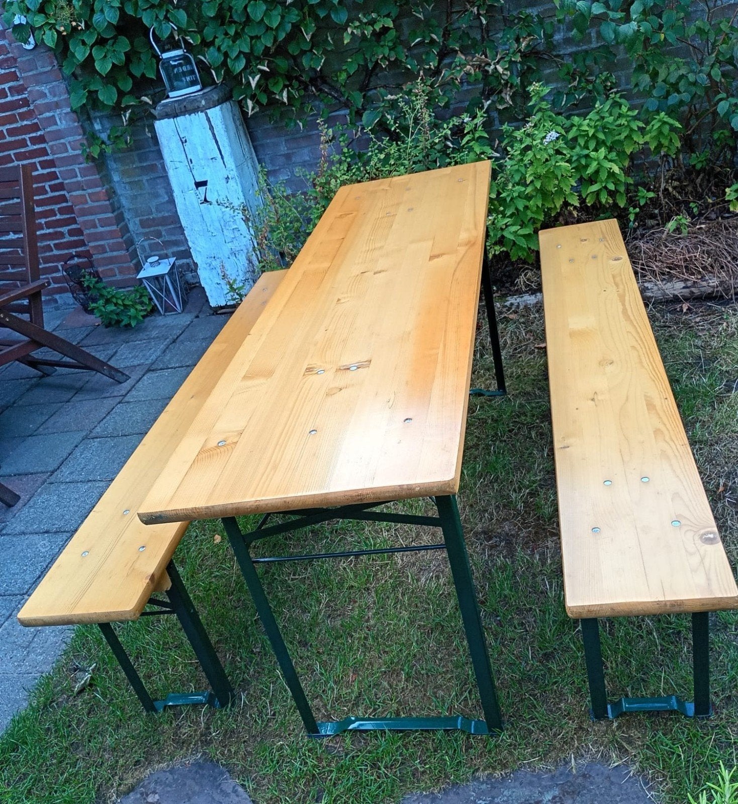 Biertafelset met 2 banken - Hout en Staal, Tuin en Terras, Picknicktafels, Ophalen, Gebruikt, Inklapbaar, Rechthoekig