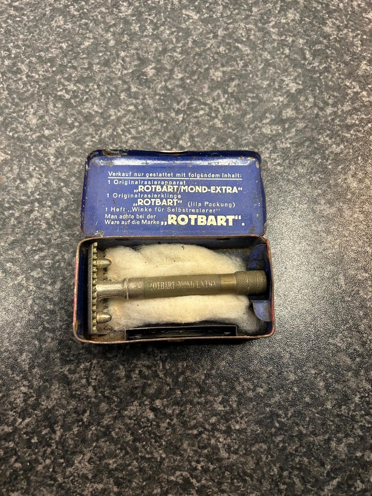 Antiek Rotbart Mond-Extra scheermes in origineel blikje, Ophalen of Verzenden