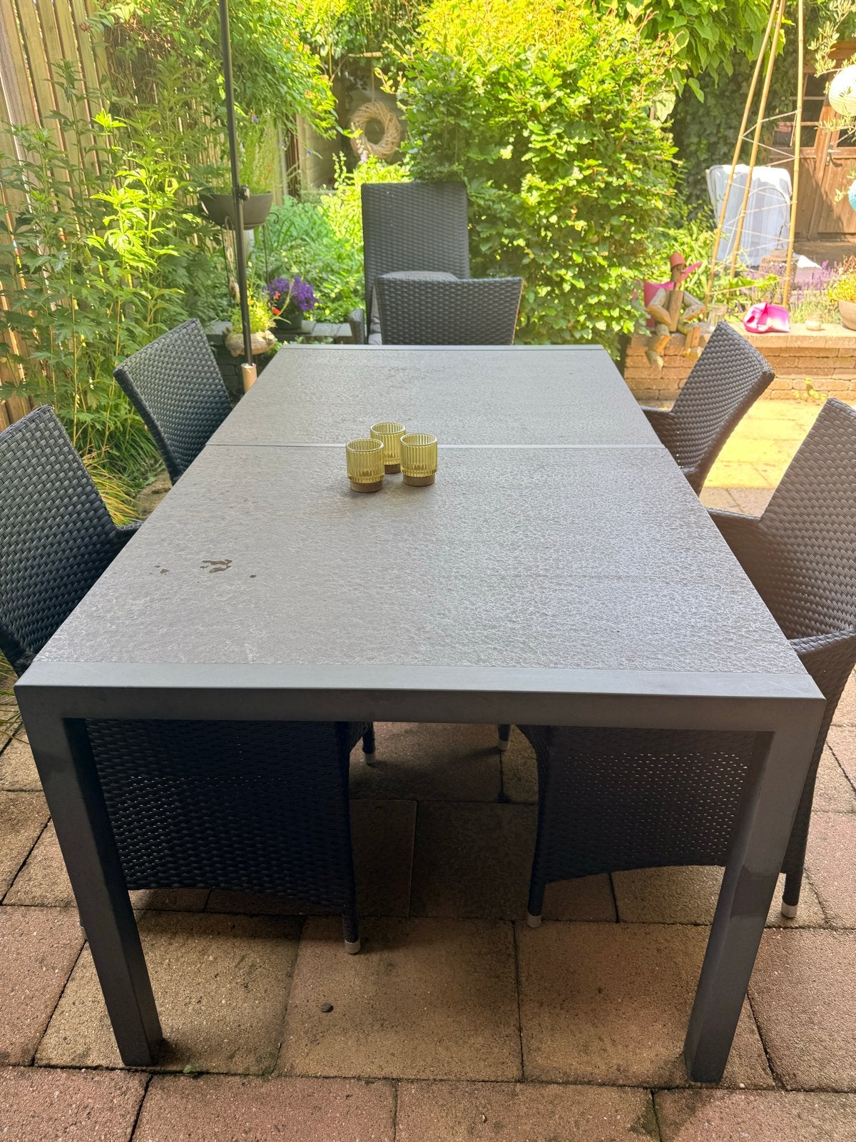 Tuinset met leisteen tafel en 5 wicker stoelen, Ophalen, 5 zitplaatsen, Gebruikt, Eettafel