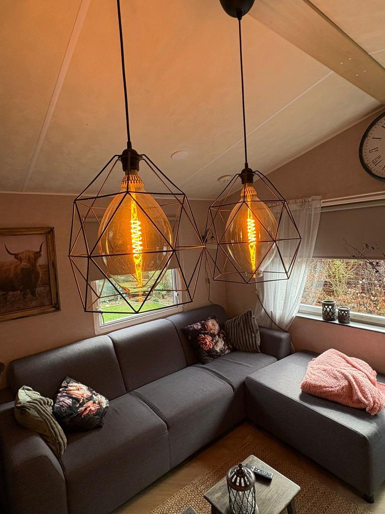2 Industriële Geometrische Hanglampen met Gloeilampen, Ophalen, Zo goed als nieuw, Metaal, Minder dan 50 cm