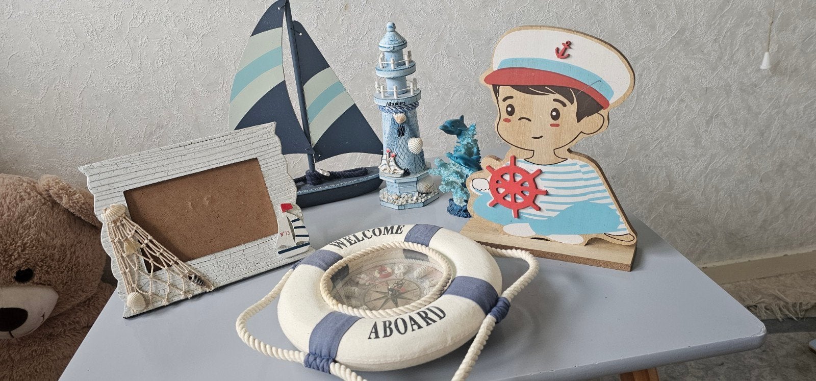 Nautische decoratieset: vuurtoren, zeilboot, reddingsboei, Ophalen, Hout, Blauw, Landelijk