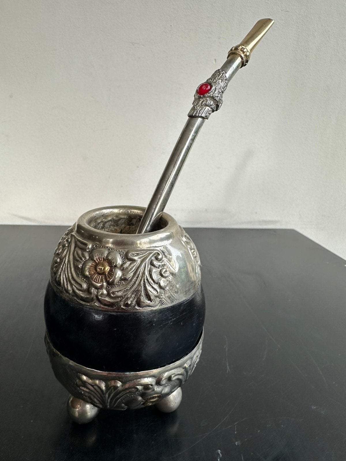 Vintage alpalca Argentina zilver Yerba Mate thee kalebas, Ophalen of Verzenden