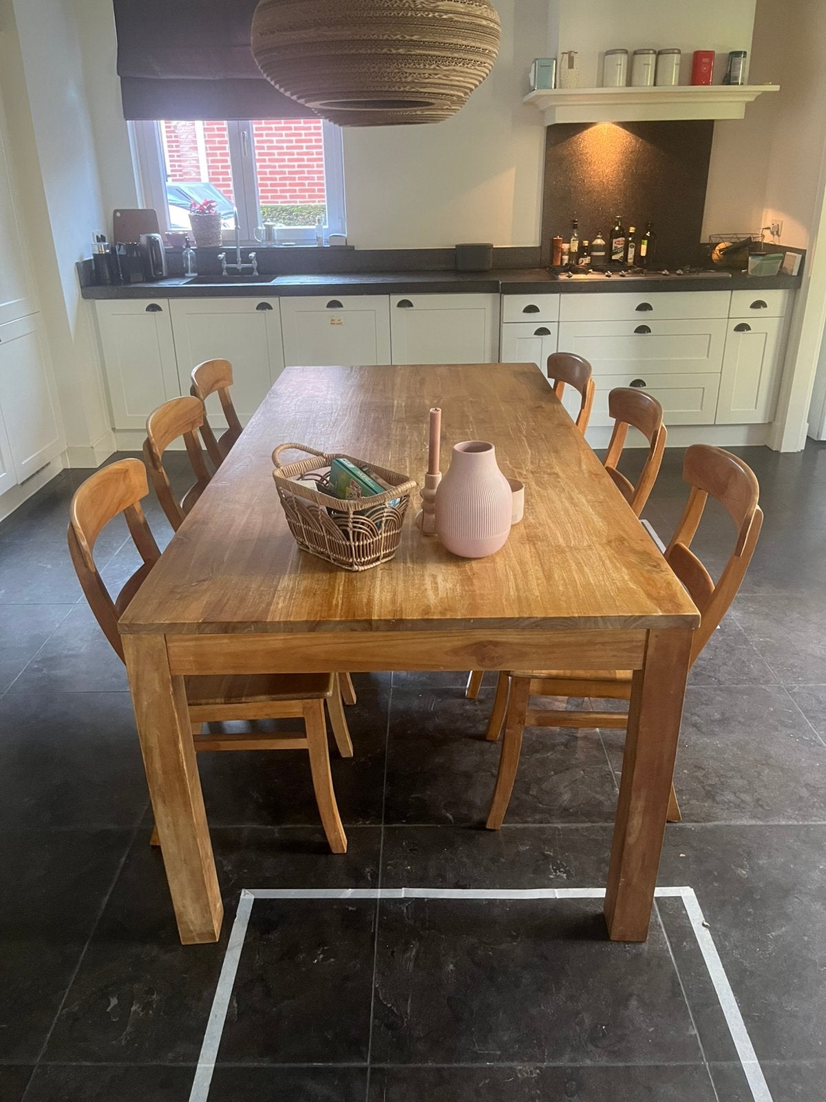 Teakhouten tafel met 6 stoelen in goede staat., Ophalen, Gebruikt, 4 tot 6 stoelen