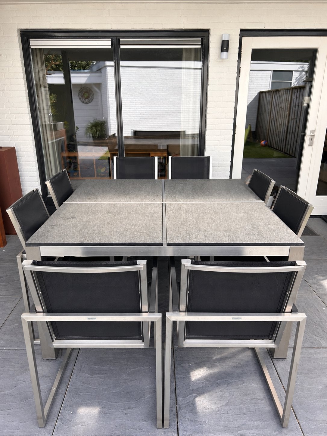 Decogarden RVS & Natuursteen Tuintafel met Stoelen, Tuin en Terras, Ophalen, Gebruikt, Eettafel, 8 zitplaatsen